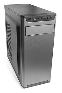 简单最便宜的黑色 miditower 电脑机箱隔离在白色背景