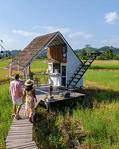 南泰国，人们参观稻田里的一家咖啡店，那里有白色楼梯
