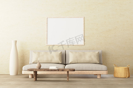 中性风格室内客厅的垂直海报模型，配有低沙发、陶瓷壶、边桌、柳条篮和空白混凝土墙背景的书籍。 