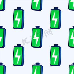 充电壁纸摄影照片_绿色全电池无缝模式的电池隔离在白色背景上。3D 插图和 3D 渲染