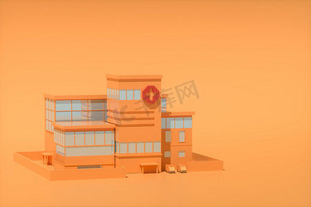 十字抽象摄影照片_医院模型有橙色背景，抽象概念，3D 渲染。