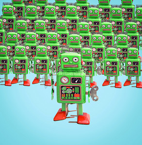 蓝色的绿色机器人玩具大军