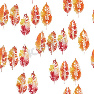 无缝水彩手绘图案的邮票印记垃圾秋天秋天的树叶。