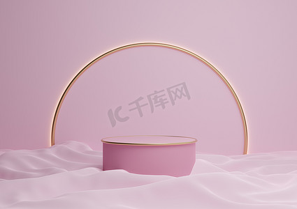 浅色、柔和、薰衣草粉色 3D 渲染豪华产品展示台或展台最小的构图，背景和灯光中带有金色拱门线