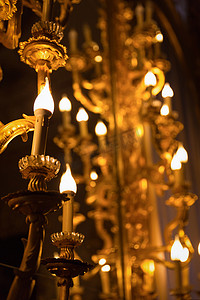 黑暗场景金色装饰中温暖明亮的蜡烛