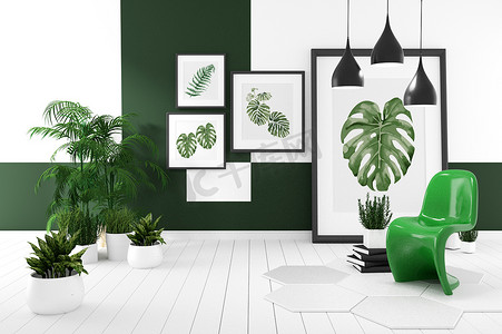 绿色极简风格摄影照片_客房现代热带风格，构图极简设计。 