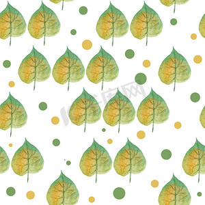 无缝手绘水彩图案与绿色黄色野叶在圆点上的木林地森林中。