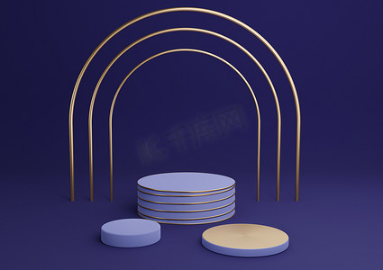 深蓝色 3D 渲染简单产品展示圆柱讲台，配有豪华金拱门和线条三站最小背景抽象构图