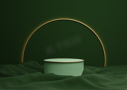 深色、暖绿色的 3D 渲染豪华产品展示台或展台最小的构图，背景和光线为金色拱线