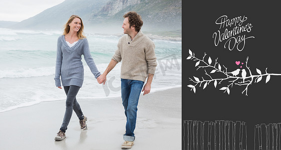 情侣牵着手在海滩散步的复合图像
