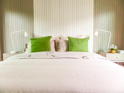卧室室内现代风格和两个绿色枕头