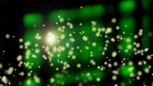绿色透明窗户失焦和飞行的闪亮粒子，3D 渲染计算机生成的背景