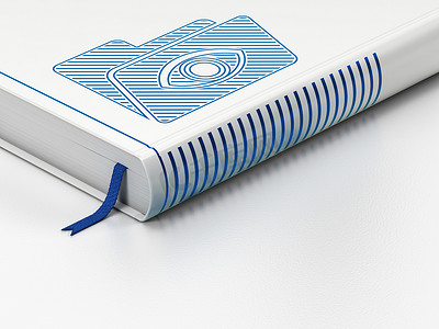 经营理念： 闭合的书，白色背景上有眼睛的文件夹