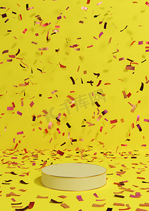 明亮的霓虹黄色 3D 渲染产品展示台架周年纪念产品，在讲台周围用五彩纸屑庆祝，金色线条用于奢侈品简单、最小的背景