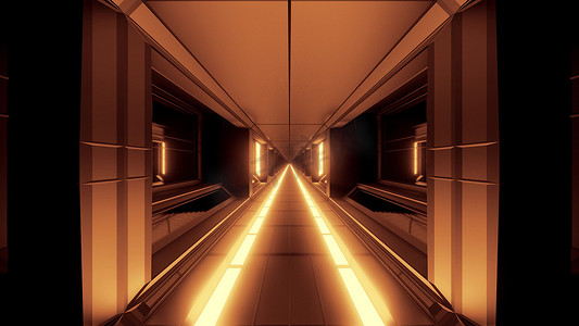 未来科幻奇幻空间机库隧道走廊与热金属3D插画壁纸背景