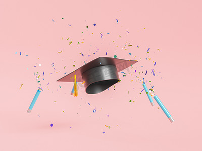 毕业生背景摄影照片_粉红色背景上有彩色飞舞纸屑的毕业帽