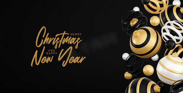 圣诞快乐和新年快乐 3d 渲染插图卡与华丽的金色、黑色和银色圣诞球和装饰。