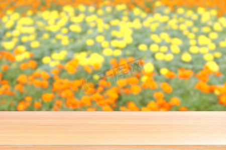 模糊花橙色和黄色软背景上的木板，模糊花橙色和黄色花园自然背景上的空木桌地板，空木桌板用于模拟展示产品