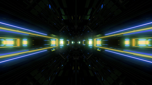 未来科幻灯光发光隧道走廊3D插画背景