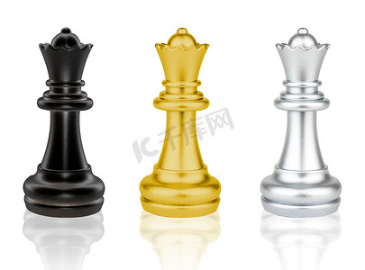 黑色、金色和银色的皇后棋子在上孤立地战斗