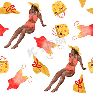 水彩手绘无缝图案与海滩氛围假期暑假非裔美国女性。