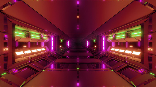 未来科幻技术空间机库隧道走廊与发光灯 3D 插画壁纸背景设计