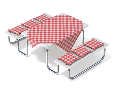 野餐桌配有红色桌布和枕头。 