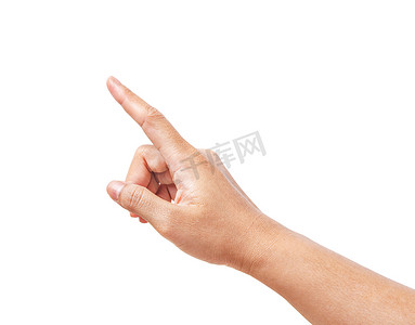 签到处指示牌摄影照片_手指指向、触摸或按隔离在白色。