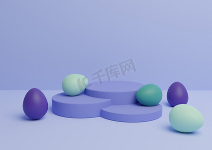 复活节主题产品展示台或展台组合的浅色、淡蓝色 3D 渲染，彩蛋最小，简单，适用于多种产品