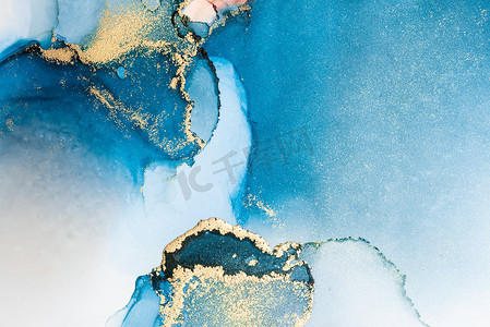 大理石液体水墨艺术画在纸上的豪华蓝色抽象背景。