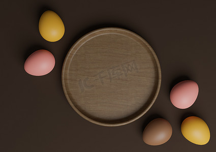 深棕色 3D 渲染顶视图平躺产品展示台或展台，配有彩色复活节彩蛋和木盘，最小且简单