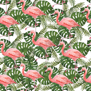 水彩龟背竹摄影照片_水彩手绘无缝图案粉红色火烈鸟和热带绿色龟背竹棕榈丛林叶背景。