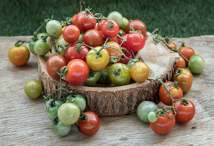 作文摄影照片_旧木板背景上的一组五颜六色的新鲜野生西红柿（迷你樱桃西红柿）。