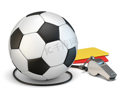 教练哨子摄影照片_足球概念红黄牌、哨子和足球3