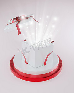 打开礼品盒或礼品盒，带红丝带和蝴蝶结，隔离在讲台上的白色背景上 3D 阴影渲染节日概念礼物赠送特别的日子圣诞节情人节和庆祝活动