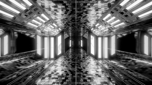 3d房间壁纸摄影照片_未来派科幻机库隧道走廊与布洛克纹理和漂亮的反射 3D 插图背景壁纸