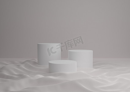 中性、简单、最小背景 3D 渲染的三个讲台或产品展示架的白色和灰色组合