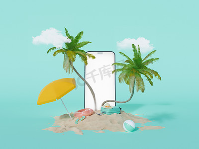 有棕榈树和夏季旅行配件的手机