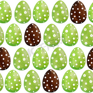 无缝水彩手绘图案复活节快乐彩蛋，绿色棕色巧克力色，带圆点装饰。