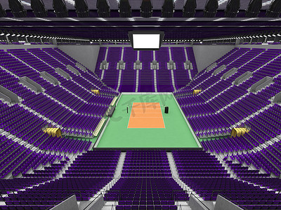 美丽的现代排球运动场，配有紫色座位和 VIP 包厢
