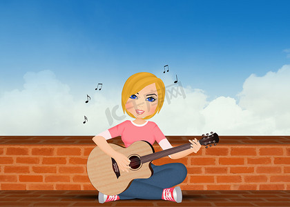 女孩坐在墙上弹吉他