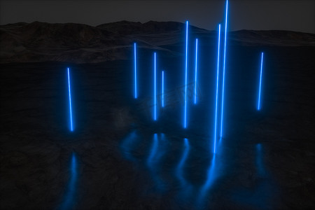 霓虹灯线条摄影照片_深色山背景的彩色发光线，3D 渲染