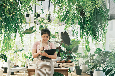 千库网主图摄影照片_年轻女植物店老板正在从网站上检查客户订单