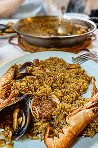 西班牙海鲜饭是一种以米饭、海鲜或肉类为基础的烹饪食谱，起源于现在的西班牙瓦伦西亚社区。