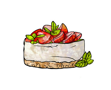 糖果彩色图画的插图：棕色圆形慕斯蛋糕，装饰有米色糖衣和白色孤立背景上的红色草莓片