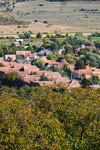 罗马尼亚乡村的鸟瞰图，有植被、田地和房屋。