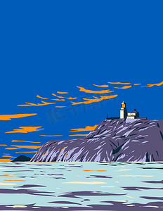 英国威尔士彭布罗克郡海岸国家公园拉姆齐岛上的南主教灯塔英国装饰艺术 WPA 海报艺术