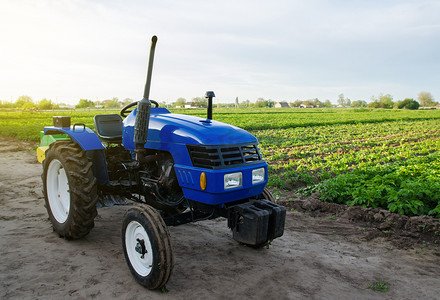 蓝色农用拖拉机站在田野上。