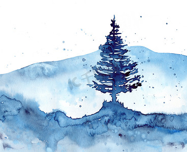 水彩森林和蓝色圣诞背景。