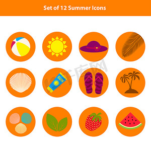 人字拖图标摄影照片_一套夏天，橙色圆形背景上的海滩平面图标。